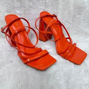 PrettyLittleThing Block Heel Sandals Womens 8 Orange Excellent CMY7899 Patent